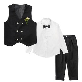 LOLANTA Boys 4 Piece Formal Suit Double Breasted Vest Set Kids Birthday Wedding Party Occasion Wear Black/Blue/Khaki 2-13 Years, black