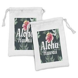 Lunarable Hawaiian Fabric Pouch Set of 2, Monstera Leaf Exotic Flourish Greenery Watercolor Effect, Small Drawstring Bag for Toiletries Masks and Favors, 9" x 6", Hunter Green Pale Yellow