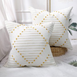 Set of 2 Cotton Knitted Boho Throw Pillow Covers 18 x 18,Modern Accent Decorative Square Cushion Covers Pillowcase for Farmhouse Couch Sofa Bed Livingroom, Yellow and Cream White