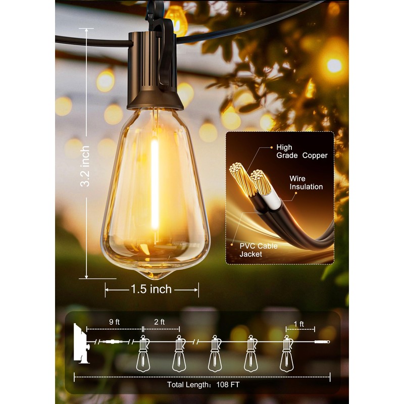 Brightown 108FT Solar String Lights Outdoor Waterproof with Remote, 50+2