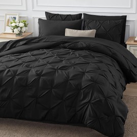 HIMEET Black King Size Comforter Set 7 Pieces Comforter Sets King Size Bed Pintuck Design Bedding King Pinch Pleated Bed in a Bag King Bedding Black Comforter King with Sheets,Pillowcases&Shams