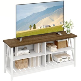 ChooChoo Farmhouse TV Stand for TVs up to 55 Inch, Modern Entertainment Center with 4 Open Shelves & Built-in Cable Holes, Media TV Console for Living Room, Bedroom, White