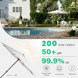 JEAREY 12' LED Lighted Patio Umbrellas Outdoor Solar Table Market Umbrella w/Crank, 8 Sturdy Ribs, UV Protection Waterproof Sunproof(Cream White)