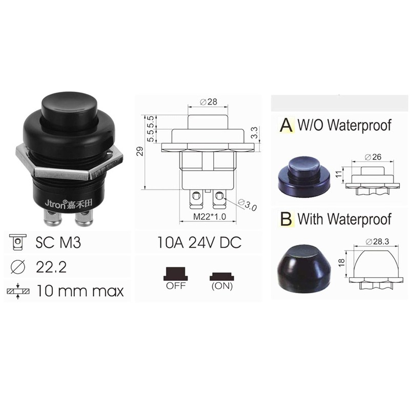 24V 10A Momentary Push Button Switch Waterproof Switch Off/(ON) Reset