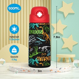 Ntswasd Children's Stainless Steel Drinking Bottle, Straw, Thermos Flask, 500 ml, BPA-Free, Leak-Proof Thermal Water Bottle for School, Nursery (Dinosaur Red)
