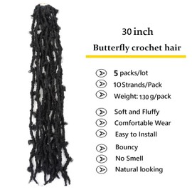 5 Packs 30 Inch Butterfly Locs Crochet Hair for Black Women Distressed Faux Locs Pre looped Pre-twisted Braids Crochet Locs for Black Women (30 inch 5 pack, 1b)
