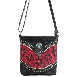 Justin West Turquoise Stone Concho Feathers Western Tooled Studs Concealed Carry Handbag Purse (Red Messenger Only)