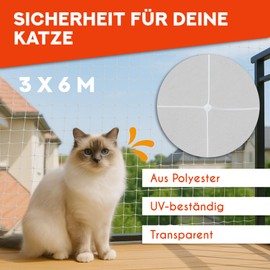 PFOTENKRAFT Premium Cat Net Made of Polyester for Balcony and Windows No Drilling 3 x 6 m Large Balcony Net Transparent, Tear-Resistant & Weatherproof Cat Protection Net Window Includes Mounting