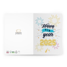 2025 New Year Greeting Card with Fireworks and Champagne Design