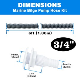 Sanuke Bilge Pump Hose Installation Kit, 3/4 Inch Dia Bilge Plumbing Kit with 6 FT Premium Quality Kink-free Flexible PVC Hose, 2 Hose Clamps and Thru-Hull Fitting, Black