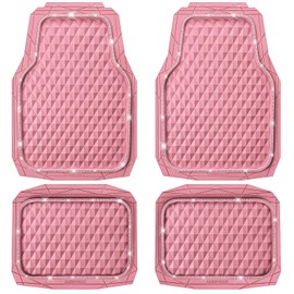 CAR PASS Bling Diamond Rubber Car Mats, Heavy Duty Deep Dish All-Weather Floor Mat Full Set Anti-Slip 3D Rhombus Waterproof Trim Fit Liner Universal Glitter Sparkly Shining Rhinestone, Pink Rubber