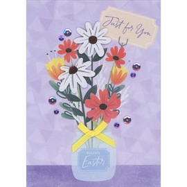 Designer Greetings Sparkling White 3D Die Cut Flowers, Red and Yellow Flowers in Jar with Yellow Bow Hand Decorated Easter Card