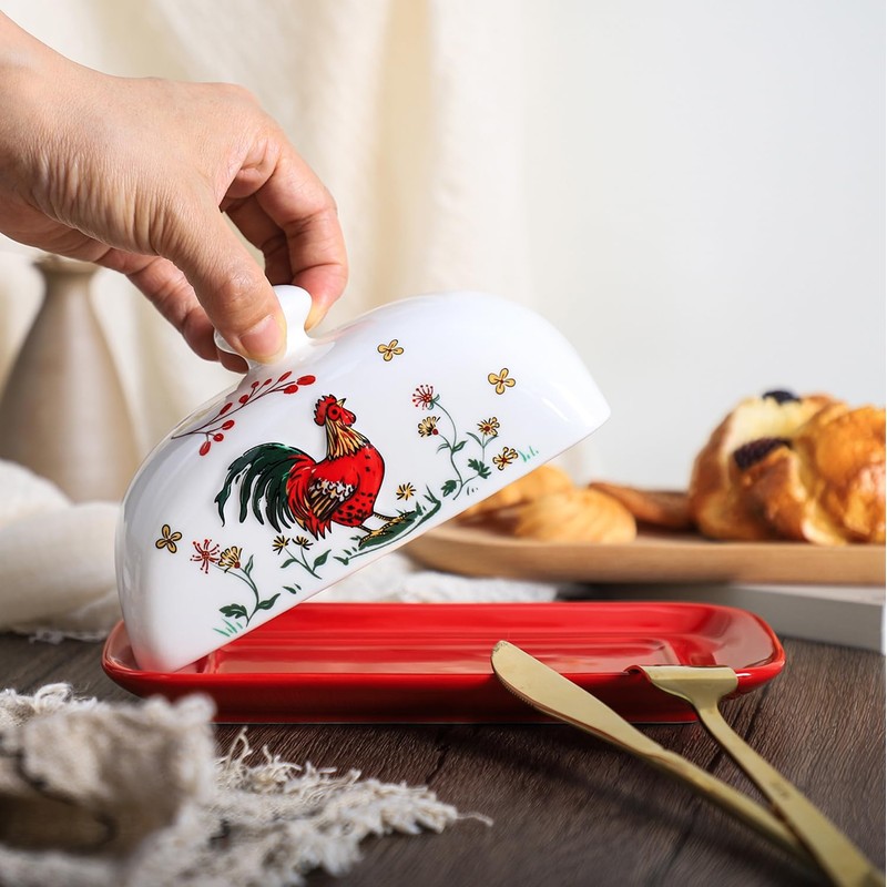 Sizikato Classic Porcelain Butter Dish with Lid, Beautiful Rooster Pattern