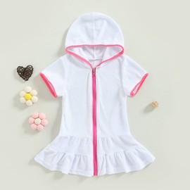 HKYFNNBW-Kids Toddler Girl Swim Cover Up Dress Zipper Hooded Swim Dress Short/Long Sleeve Ruffle Coverups Bathing Suit Swimwear (White, 5-6 Years)