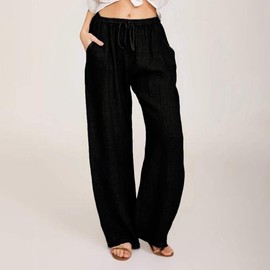 cllios Women's Linen Pants Wide Leg Beach Summer Lightweight Pants Casual Drawstring Flowy High Waisted Baggy Palazzo Pants Plus Size Lounge Trousers with Pockets Black
