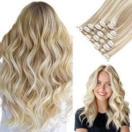 hotbanana Clip-In Real Hair Extensions, Ash Blonde to Golden Blonde and Platinum Blonde, Invisible Clip-In Human Hair Extensions, Straight, Remy Hair Extensions, 35 cm, 120 g, 7 Pieces