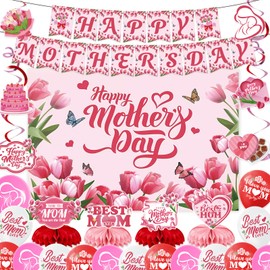 28Pcs Mother's Day Decorations Include Backgrounds Honeycombs Banners Balloons for Celebrate Mother's Day Decorations, Pink Red