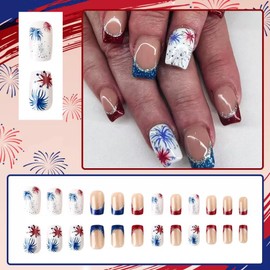 4th of July Press on Nails Short Square Fake Nails French Tip False Nails with Firework Pattern Design Glue on Nails Red Blue Stick on Nails Independence Day Acrylic Nails for Women 24Pcs