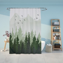 Relaxdays Shower Curtain, Fir Forest, Bathroom Curtain, 180 x 200 cm, Anti-Mould, Washable, 12 Rings, Bath Curtain, Multicoloured