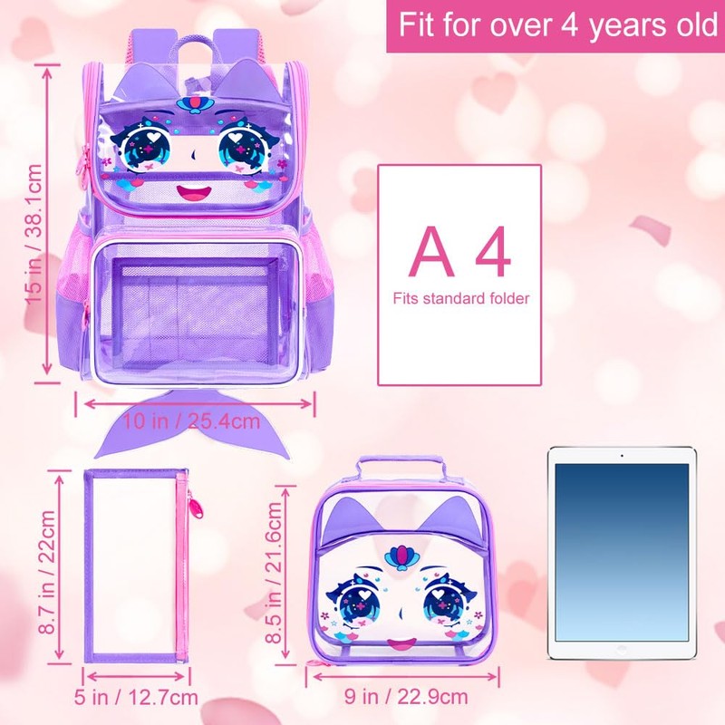 KLFVB 3PCS Girls Clear Bookbag, 15" Mermaid Transparent Backpack for
