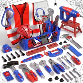 FRRJUY Kids Tool Set for Boys Toddler Tool Set with Electronic Toy Drill & Tool Box, STEM Pretend Play Construction Toys with Costume Vest, Educational Gifts for Age 3 4 5 6 7 Year Old