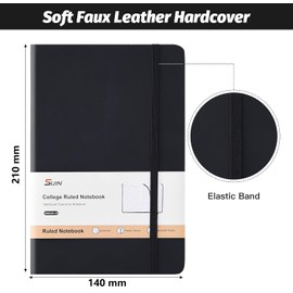 A5 Notebook Hardback, 200 Pages Lined Paper, Faux Leather Journal for Men & Women, Black Notebook with Elastic Strap, Ribbon Marker & Inner Pocket, Ideal for Work, Study & Journaling (Black - 1 Pack)