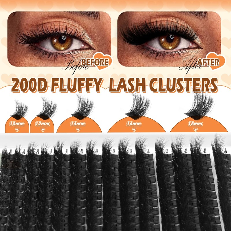 Lash Clusters, Thick 200D Volume Eyelash Clusters 10-18mm, Soft Lightweight
