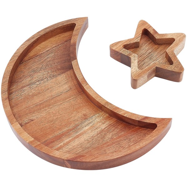 INFUNLY Star+Moon Wooden Crystal Holder Wooden Crystal Organizer Tray Acacia Wood Trinket Dish for Rocks Jewelry Healing Crystals Storage