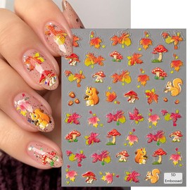 4 Sheets Embossed Maple Leaves Nail Stickers for Nail Art Autumn Fallen Leaf Nail Decals 5D Self-Adhesive Squirrel Pine Cones Pumpkin Nail Design Supplies Fall Thanksgiving Nail Art Stickers for Women
