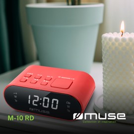 MUSE M-10 RD Radio Alarm Clock with LED Display, Two Alarm Times, Dimmable, Digital FM Tuner, 20 Stations Memory