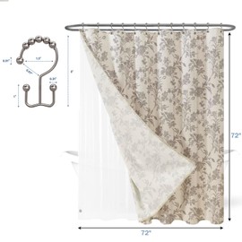 3 in 1 Shower Curtain with Liner and Hooks Grey Floral Cotton Linen Shower Curtain for Bathroom 72" W x 72" L Double Layer