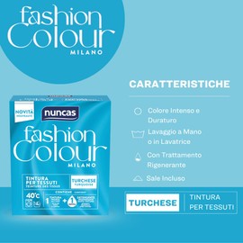 Nuncas Fashion Colour Milano, Turchese, Kit Tintura per Tessuti, Pronta all'Uso con Detergente Post Trattamento, 180 g, 75 ml