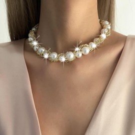 Jovono Vintage Baroque Pearl Choker Necklace Gold Large Pearl Necklace Chain Simple Beads Necklaces For Women