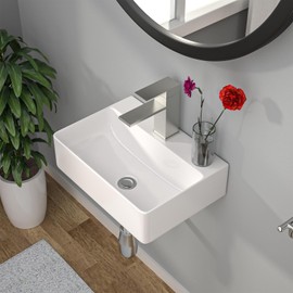 Kichae Floating Bathroom Sink Wall Mounted - Rectangle Vessel Sink 14" x 10" Small Modern Bathroom Wall Hung Sink White Porcelain Ceramic Vessel Vanity Sinks with Faucet Hole