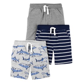 Simple Joys by Carter's Baby Boys' Multi-Pack Knit Shorts (Pack of 3), Grey/Light Grey Mottled Sharks/Navy Stripes