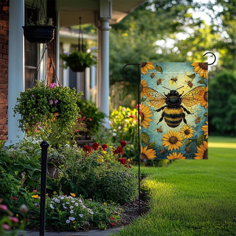 Spring Summer Bee Sunflower Floral Garden Flag 12x18 Inch Double