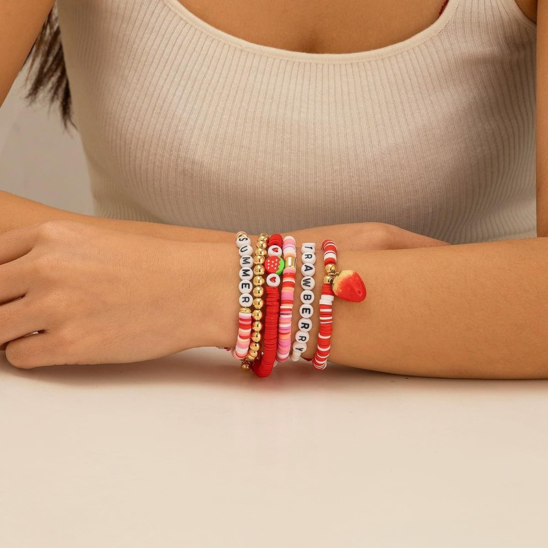 Yecomsy Strawberry Polymer Clay Stacktable Bracelets Colorful Strawberry Heishi Clay
