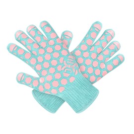 JH Heat Resistant Cooking Glove:EN407 Certified 932 °F, 2 Layers Silicone Coating, Turquoise Shell with Pink Coating, BBQ & Oven Mitts for Kitchen, Fireplace, Grilling, 1 Pair, Women Fits All