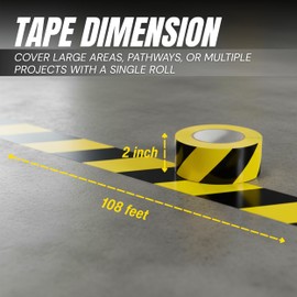 Tapix 2 Inch x 108 Feet Black & Yellow Tape Roll - Safety Stripe Waring Tape for Floor - Highly Adhesive Waterproof Hazard Tape for Floors, Walls, Staircase, Pipes, Equipment, Dangerous Area