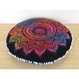 32" Mandala Large Floor Pillow Cover Rainbow Cushion Seating Throw Hippie Round Colourful Decorative Bohemian Accent Boho Chic Indian Pouf Ottoman Handmade COVER ONLY (Flower-Multicolour)
