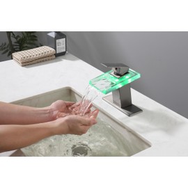 ICREEH LED Waterfall Bathroom Sink Faucet, 3 Colors Changing Glass Spout Faucet with Water Supply Hose, Single Handle Single Hole Slanted Body Brass Mixer Vanity Sink Tap (Gunmetal Gray