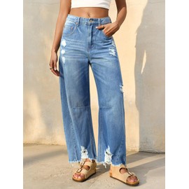 Cicy Bell Womens Baggy Barrel Jeans Cropped Boyfriend Wide Leg Raw Hem Denim Pants Light Blue