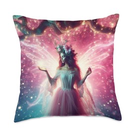 Beautiful Fairy Princess Pink Mist With Cute Flower Crown Throw Pillow