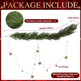 Shihanee Christmas Artificial Cedar Garlands with Metal Vintage Bell on Rope Realistic Soft Green Cedar Garland Faux Xmas Greenery Garland for Holiday Indoor Mantle Fireplace Decor (5 Feet)
