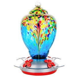 WOSIBO Hummingbird Feeder for Outdoors Patio Large 32 Ounces Colorful Hand Blown Glass Hummingbird Feeder with Ant Moat Hanging Hook, Rope, Brush and Service Card (Blue-White)