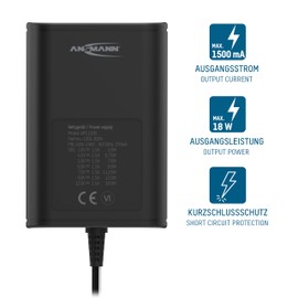 ANSMANN APS 1500 Universal Stecker Netzteil 12V inkl. 7 verschiedende Adapter Stecker - Netzstecker bis max. 1500mA - Netzadapter zur Stromversorgung vieler Elektrokleingeräte von 3-12 Volt regelbar