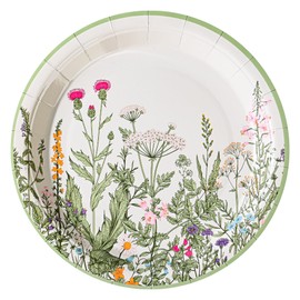 AimFun Wildflower Party Plates 7" Floral Paper Plates Spring Summer Botanical Green Leaves Herbs Vintage Garden Disposable Decorative Dessert Plates (24, Vintage Floral)