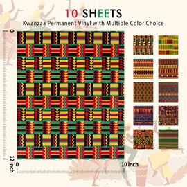 Tintnut Kwanzaa Permanent Vinyl - 10 Sheets 12"x10", Kente Pattern Printed Vinyl Compatible with Cricut Machine, Patterned Permanent Adhesive Vinyl Sheets, African Amercian Pattern Vinyl Permanent