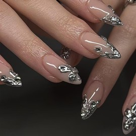 Almond Press on Nails Silver Fake Nails French Tip False Nails Press ons 3D Silver Chrome Design Glue on Acrylic Nails for Women Manicure Art Decoration 24Pcs