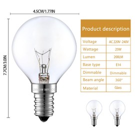 EKSAVE Oven Lamp E14 G45, Heat Resistant Up to 300°C, Dimmable, 25W 2700K Warm White 240V, 45 mm P45 Globe Clear Oven Lamp E14 for AEG/Bosch/Siemens/Neff/Hotpoint, Pack of 2